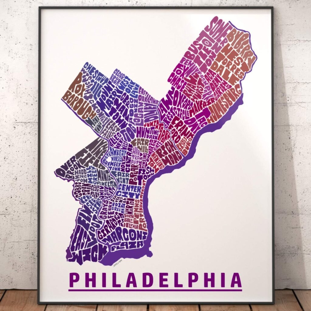 Philadelphia Neighborhood Map Print, Signed Print from my Original Hand-Drawn Typography Map Art Series
