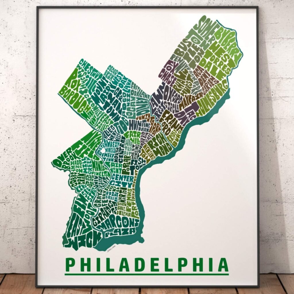Philadelphia Neighborhood Map Print, Signed Print from my Original Hand-Drawn Typography Map Art Series