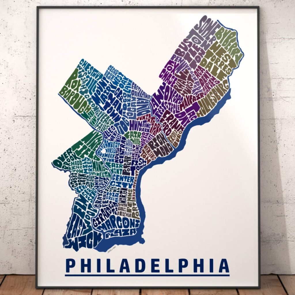 Philadelphia Neighborhood Map Print, signed print of my original hand drawn Philadelphia typography map art