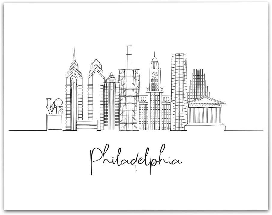 TJ Originals Philadelphia, Pennsylvania City Skyline Landscape Hand Illustrated Wall Art Decor - Unframed 11 x 14 Black  White Print - Anniversary Travel Gift ideas
